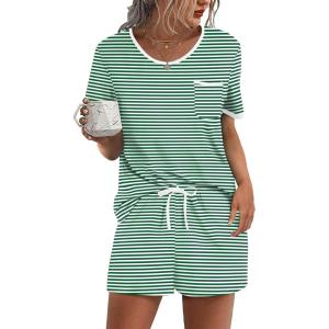 image:imageEkouaer Pajama Set for Women 2 Piece Lounge Set Short Sleeve Tops and Shorts Soft Sleepwear Chest PocketGreen White Stripe