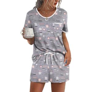 image:imageEkouaer Pajama Set for Women 2 Piece Lounge Set Short Sleeve Tops and Shorts Soft Sleepwear Chest PocketGrey Coffee