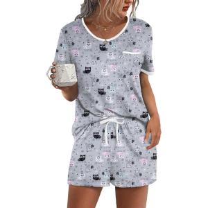 image:imageEkouaer Pajama Set for Women 2 Piece Lounge Set Short Sleeve Tops and Shorts Soft Sleepwear Chest PocketGrey Owl