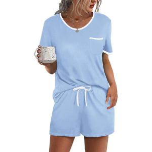 image:imageEkouaer Pajama Set for Women 2 Piece Lounge Set Short Sleeve Tops and Shorts Soft Sleepwear Chest PocketLight Blue