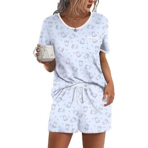 image:imageEkouaer Pajama Set for Women 2 Piece Lounge Set Short Sleeve Tops and Shorts Soft Sleepwear Chest PocketLight Blue Cat
