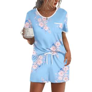 image:imageEkouaer Pajama Set for Women 2 Piece Lounge Set Short Sleeve Tops and Shorts Soft Sleepwear Chest PocketLight Blue Flower