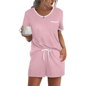 image:imageEkouaer Pajama Set for Women 2 Piece Lounge Set Short Sleeve Tops and Shorts Soft Sleepwear Chest PocketPink