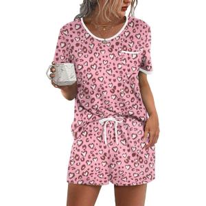 image:imageEkouaer Pajama Set for Women 2 Piece Lounge Set Short Sleeve Tops and Shorts Soft Sleepwear Chest PocketPink Leopard Love