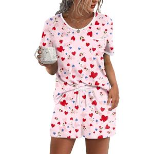 image:imageEkouaer Pajama Set for Women 2 Piece Lounge Set Short Sleeve Tops and Shorts Soft Sleepwear Chest PocketPink Love Flower