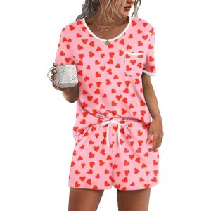 image:imageEkouaer Pajama Set for Women 2 Piece Lounge Set Short Sleeve Tops and Shorts Soft Sleepwear Chest PocketPink Red Love