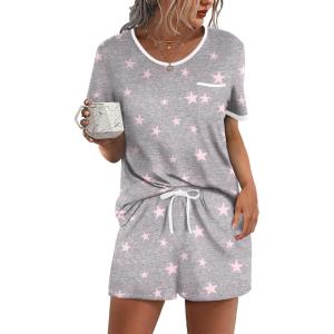 image:imageEkouaer Pajama Set for Women 2 Piece Lounge Set Short Sleeve Tops and Shorts Soft Sleepwear Chest PocketPink Stars