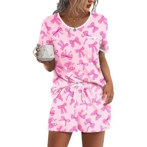 image:imageEkouaer Pajama Set for Women 2 Piece Lounge Set Short Sleeve Tops and Shorts Soft Sleepwear Chest PocketPinkbow