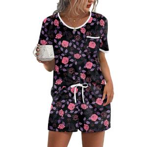 image:imageEkouaer Pajama Set for Women 2 Piece Lounge Set Short Sleeve Tops and Shorts Soft Sleepwear Chest PocketPinkwhite Flower