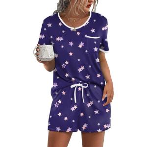 image:imageEkouaer Pajama Set for Women 2 Piece Lounge Set Short Sleeve Tops and Shorts Soft Sleepwear Chest PocketPurple Stars