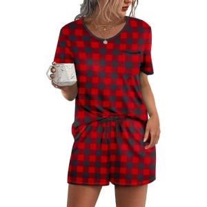 image:imageEkouaer Pajama Set for Women 2 Piece Lounge Set Short Sleeve Tops and Shorts Soft Sleepwear Chest PocketRed Plaid