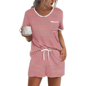 image:imageEkouaer Pajama Set for Women 2 Piece Lounge Set Short Sleeve Tops and Shorts Soft Sleepwear Chest PocketRed White Stripe
