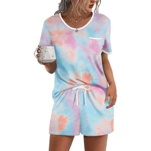 image:imageEkouaer Pajama Set for Women 2 Piece Lounge Set Short Sleeve Tops and Shorts Soft Sleepwear Chest PocketTie Dye