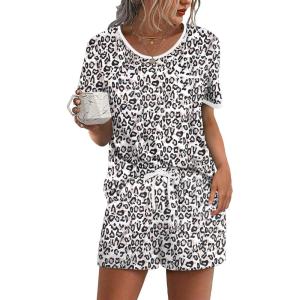 image:imageEkouaer Pajama Set for Women 2 Piece Lounge Set Short Sleeve Tops and Shorts Soft Sleepwear Chest PocketWhite Leopard