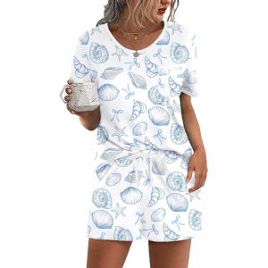 image:imageEkouaer Pajama Set for Women 2 Piece Lounge Set Short Sleeve Tops and Shorts Soft Sleepwear Chest PocketWhiteconch Bow