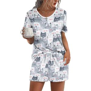 image:imageEkouaer Pajama Set for Women 2 Piece Lounge Set Short Sleeve Tops and Shorts Soft Sleepwear Chest PocketWhitegray Cats
