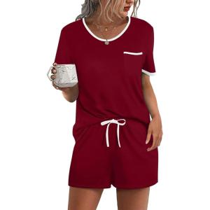 image:imageEkouaer Pajama Set for Women 2 Piece Lounge Set Short Sleeve Tops and Shorts Soft Sleepwear Chest PocketWine Red