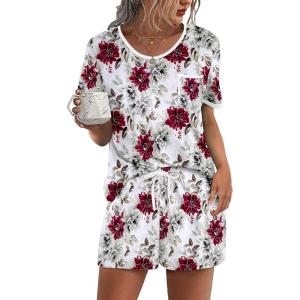 image:imageEkouaer Pajama Set for Women 2 Piece Lounge Set Short Sleeve Tops and Shorts Soft Sleepwear Chest PocketWine Red Flower