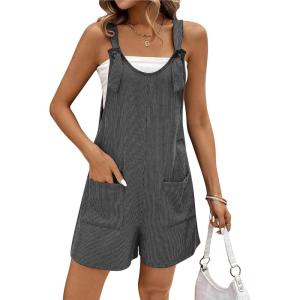 image:imageEkouaer Rompers for Women 2026 Fashion Ribbed Knit Jumpsuit Scoop Neck Loose Outfit Wide Leg Summer One Piece ShortallsDark Grey