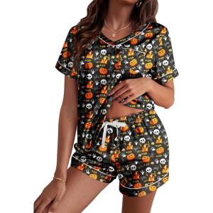 image:imageEkouaer Silk Pajama for Women Short Sleeve Satin Pj Set Two Piece Soft Sleepwear Loungewear SXXLBlack Pumpkin  Spider Web