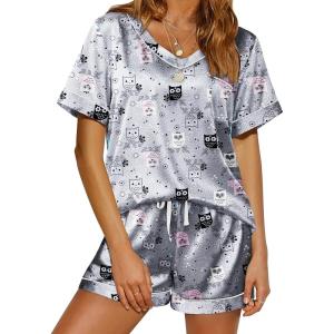 image:imageEkouaer Silk Pajama for Women Short Sleeve Satin Pj Set Two Piece Soft Sleepwear Loungewear SXXLGrey Owl
