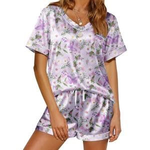 image:imageEkouaer Silk Pajama for Women Short Sleeve Satin Pj Set Two Piece Soft Sleepwear Loungewear SXXLPurple Butterfly  Daisies