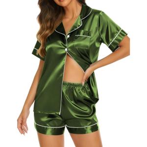 image:imageEkouaer Silk Pajamas for Women Short Sleeve Sleepwear Soft Button Down Loungewear 2 Piece Satin Pjs Shorts SetDark Army Green