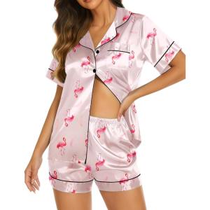 image:imageEkouaer Silk Pajamas for Women Short Sleeve Sleepwear Soft Button Down Loungewear 2 Piece Satin Pjs Shorts SetFlamingo Champagne