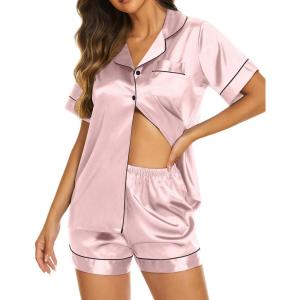 image:imageEkouaer Silk Pajamas for Women Short Sleeve Sleepwear Soft Button Down Loungewear 2 Piece Satin Pjs Shorts SetLight Pink