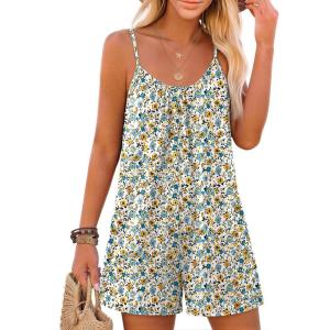 image:imageEkouaer Summer Rompers for Women Boho Beach Vacation Outfits Sleeveless Loose Shorts Overalls 2026 Jumpsuit With PocketsAwhite Floral