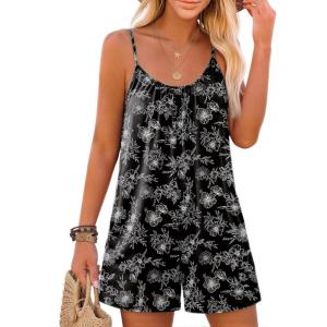image:imageEkouaer Summer Rompers for Women Boho Beach Vacation Outfits Sleeveless Loose Shorts Overalls 2026 Jumpsuit With PocketsBlack Floral