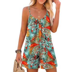 image:imageEkouaer Summer Rompers for Women Boho Beach Vacation Outfits Sleeveless Loose Shorts Overalls 2026 Jumpsuit With PocketsPlant Leaves Floral