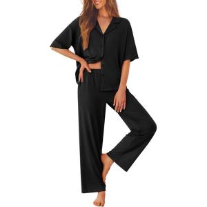image:imageEkouaer Women Pajamas Set Button Down Sleepwear Short Sleeve Pjs Soft Comfy Nightwear with Long Pants SXXLBlack