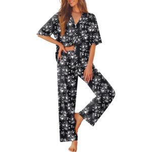 image:imageEkouaer Women Pajamas Set Button Down Sleepwear Short Sleeve Pjs Soft Comfy Nightwear with Long Pants SXXLBlack Flower