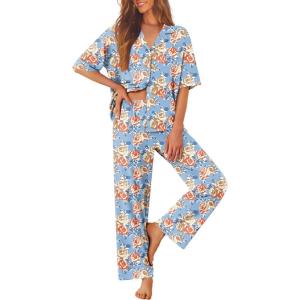 image:imageEkouaer Women Pajamas Set Button Down Sleepwear Short Sleeve Pjs Soft Comfy Nightwear with Long Pants SXXLBlue Flower