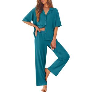 image:imageEkouaer Women Pajamas Set Button Down Sleepwear Short Sleeve Pjs Soft Comfy Nightwear with Long Pants SXXLBlue Green