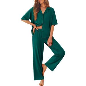 image:imageEkouaer Women Pajamas Set Button Down Sleepwear Short Sleeve Pjs Soft Comfy Nightwear with Long Pants SXXLDark Green