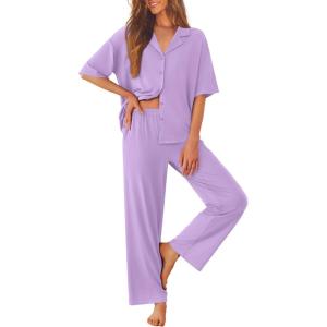 image:imageEkouaer Women Pajamas Set Button Down Sleepwear Short Sleeve Pjs Soft Comfy Nightwear with Long Pants SXXLLight Purple