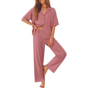image:imageEkouaer Women Pajamas Set Button Down Sleepwear Short Sleeve Pjs Soft Comfy Nightwear with Long Pants SXXLOld Rose