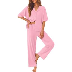 image:imageEkouaer Women Pajamas Set Button Down Sleepwear Short Sleeve Pjs Soft Comfy Nightwear with Long Pants SXXLPink