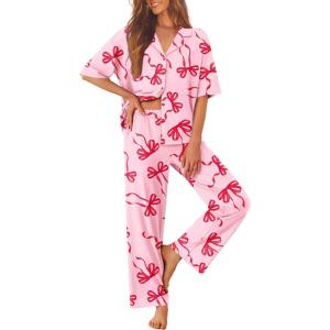 image:imageEkouaer Women Pajamas Set Button Down Sleepwear Short Sleeve Pjs Soft Comfy Nightwear with Long Pants SXXLPink Bow
