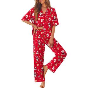 image:imageEkouaer Women Pajamas Set Button Down Sleepwear Short Sleeve Pjs Soft Comfy Nightwear with Long Pants SXXLRed Santa
