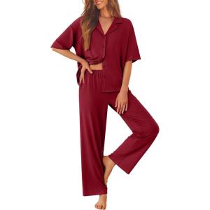 image:imageEkouaer Women Pajamas Set Button Down Sleepwear Short Sleeve Pjs Soft Comfy Nightwear with Long Pants SXXLWine Red