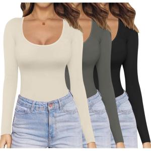 image:imageEkouaer Womens 3 Pack Long Sleeve Shirts Scoop Neck Tops Stretch Fitted Undershirt Lightweight Basic Thermal Tee XSXXLBlackDarkgreyBeige
