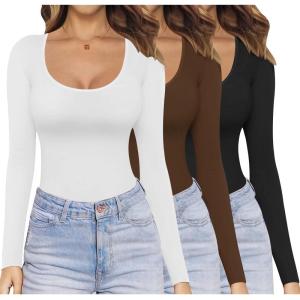 image:imageEkouaer Womens 3 Pack Long Sleeve Shirts Scoop Neck Tops Stretch Fitted Undershirt Lightweight Basic Thermal Tee XSXXLBlackWhiteCoffee