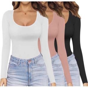 image:imageEkouaer Womens 3 Pack Long Sleeve Shirts Scoop Neck Tops Stretch Fitted Undershirt Lightweight Basic Thermal Tee XSXXLBlackWhiteDusty Pink