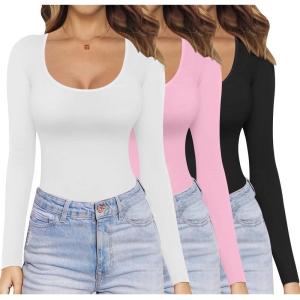 image:imageEkouaer Womens 3 Pack Long Sleeve Shirts Scoop Neck Tops Stretch Fitted Undershirt Lightweight Basic Thermal Tee XSXXLBlackWhitePink