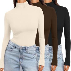 image:imageEkouaer Womens 3 Pack Turtleneck Long Sleeve Shirts Slim Fit Thermal Underwear Tops Lightweight Pullover TeesBlackBrownBeige