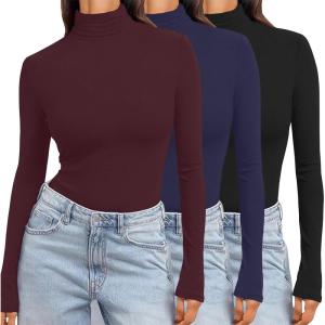 image:imageEkouaer Womens 3 Pack Turtleneck Long Sleeve Shirts Slim Fit Thermal Underwear Tops Lightweight Pullover TeesBlackNavyDark Red