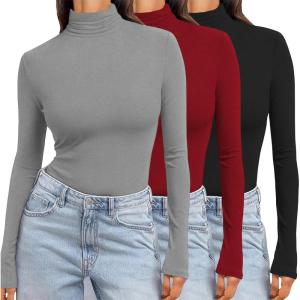 image:imageEkouaer Womens 3 Pack Turtleneck Long Sleeve Shirts Slim Fit Thermal Underwear Tops Lightweight Pullover TeesBlackRedLight Grey